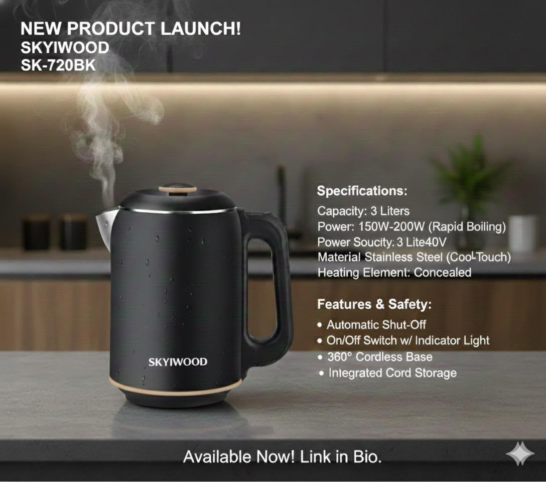 Skyiwood Electric Kettle 3L 2000W Cordless Base – Fast Boiling SK720BK