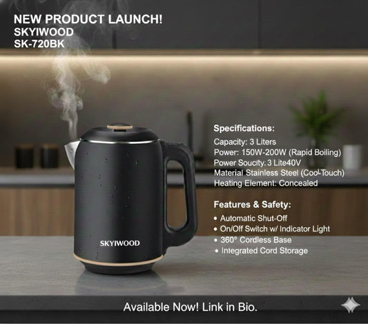 Skyiwood Electric Kettle 3L 2000W Cordless Base – Fast Boiling SK720BK