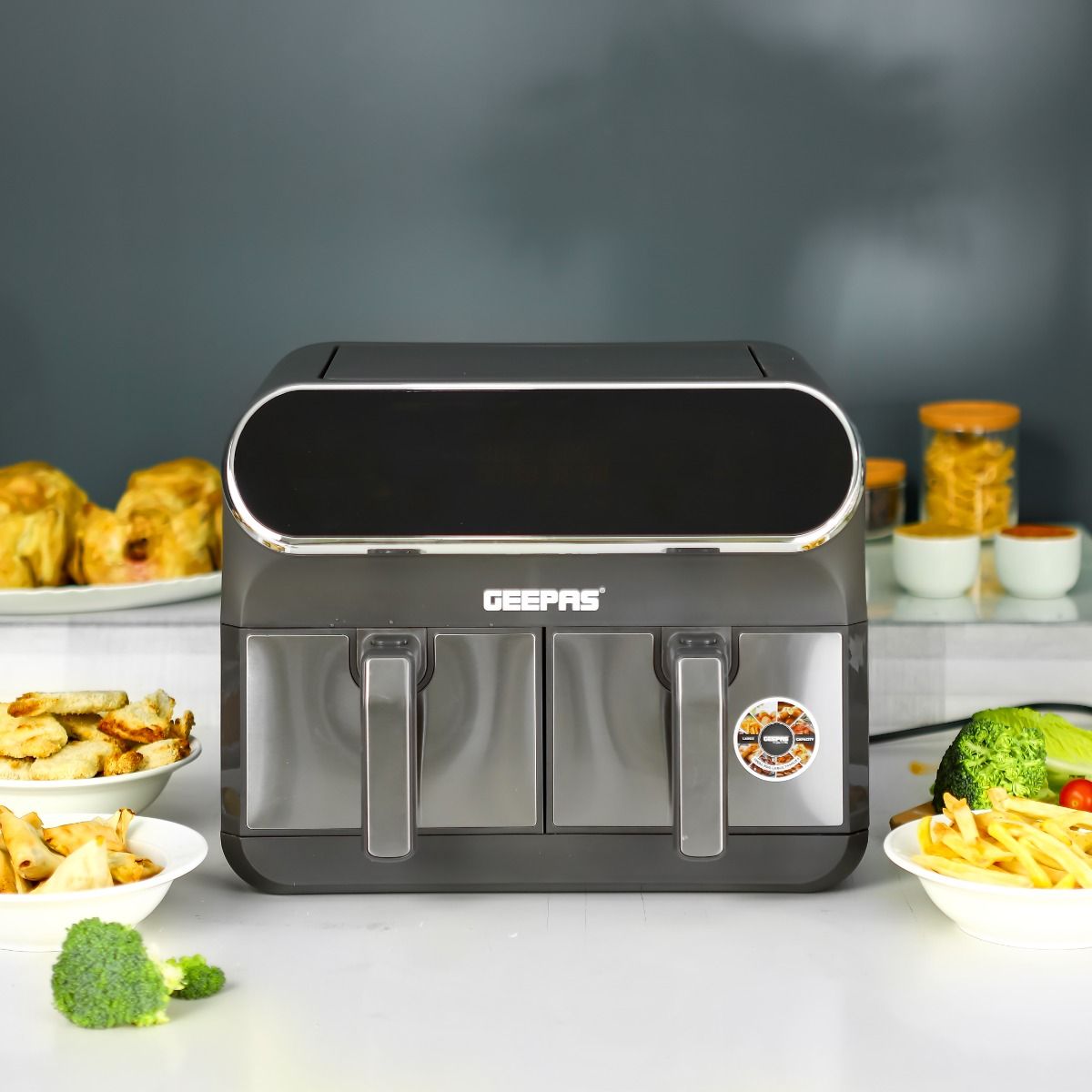 Geepas Digital Air Fryer- GAF37533/ 8.0 L With 4.0 L Dual Baskets, With Vortex Air Frying Technology/ Digital Display, Multiple Function, Dehydrate, 1-60 Min Timer, Temperature 200 Degree Celsius