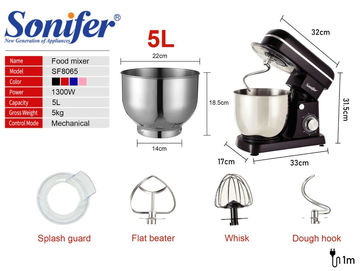 Sonifer SF-8065 High Quality 1300W 5L Stainless Steel Bowl Multi Function Dough Stand Food Mixer