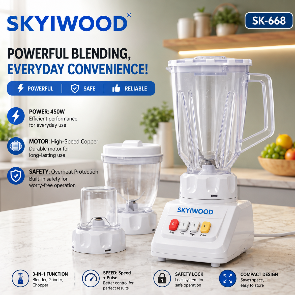 Skyiwood 450W 3 in 1 Blender – Powerful Kitchen Blender