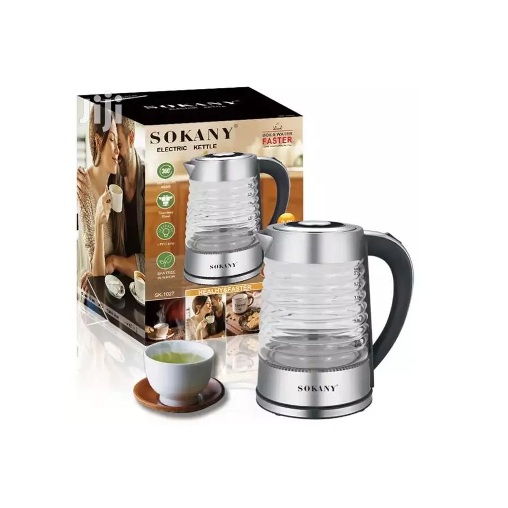 SOKANY SK-1027 2.2L Electric Kettle 2200W 220V Hot Water Kettle Electric Boiler Made of Glass & Stainless Steel, Large Capacity Water Boiler Heater