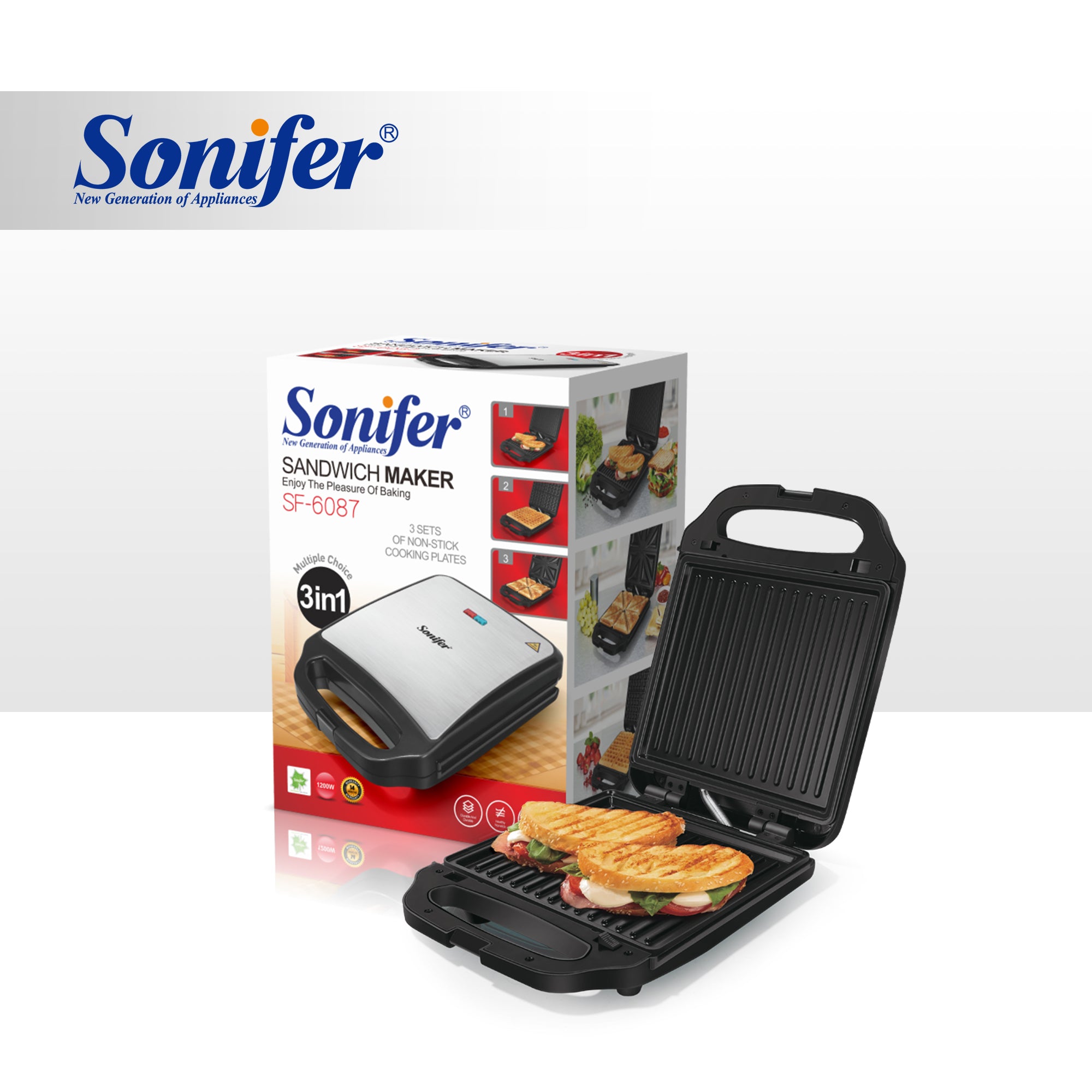 Sonifer 3 In 1 Grill/Sandwich Maker/Waffle Maker Large Cooking Kitchen Appliances SF-6087