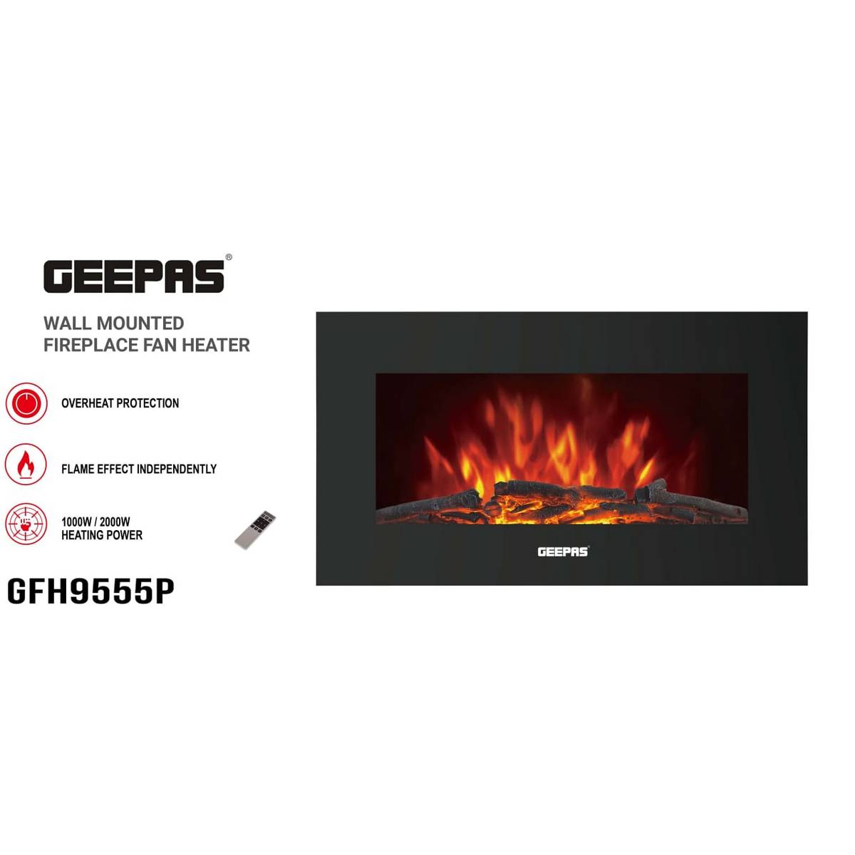 Geepas GFH9555P Wall Mounted Fireplace Fan Heater